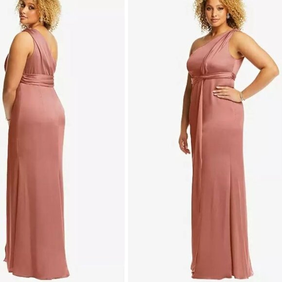 NEW‎ Dessy Collection One-Shoulder Draped Empire Waist Gown in Desert Rose, 10 - Picture 2 of 10